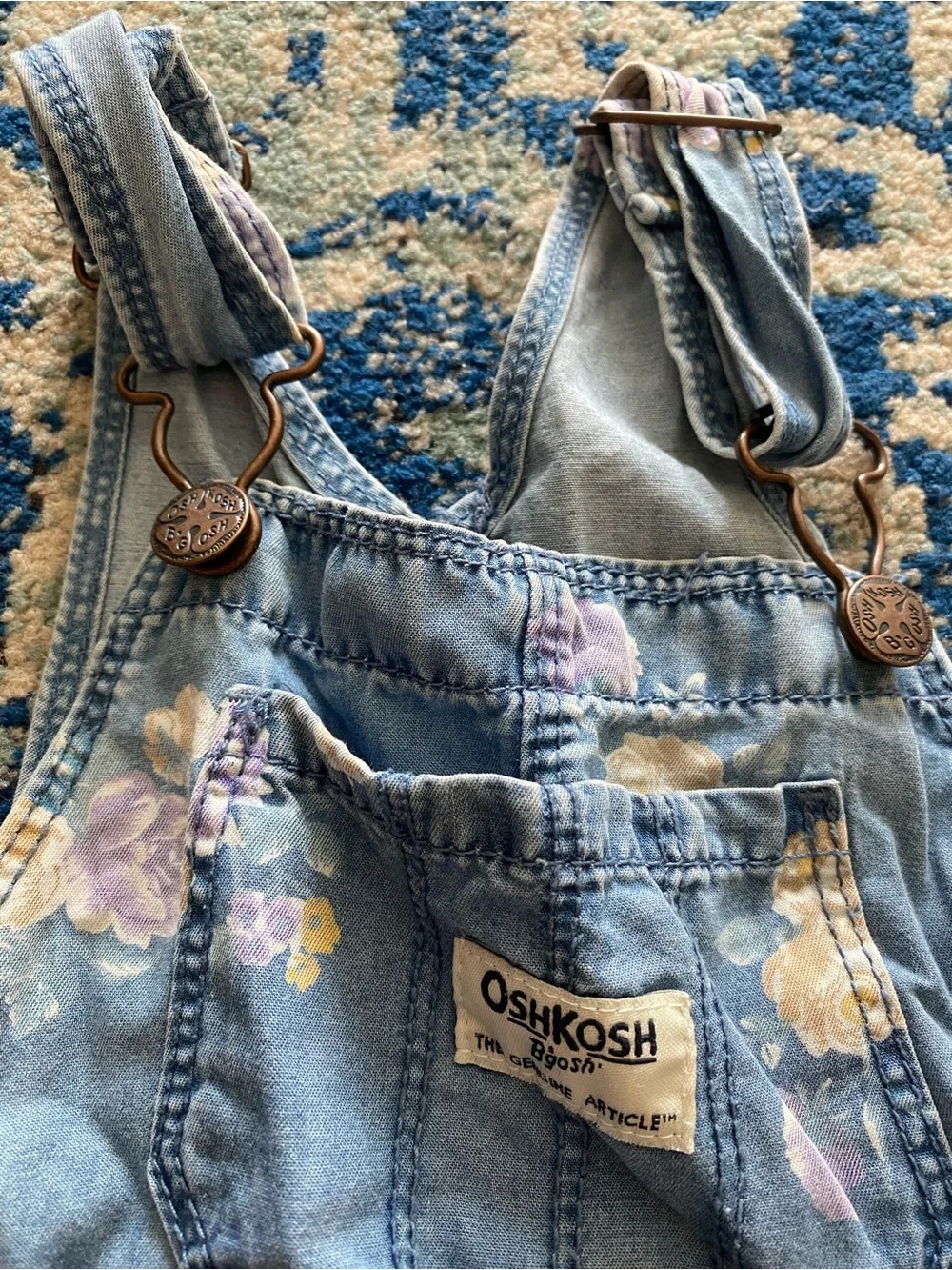 OshKosh B'gosh Denim Floral Skirt Overalls in Blue with Pink & Yellow Flowers